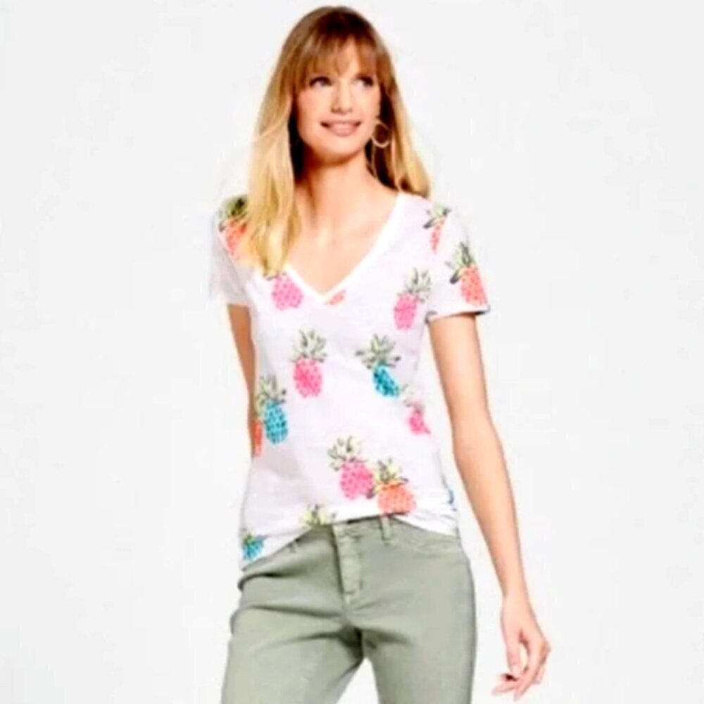 Merona Pineapple Graphic Tee White Cotton V-Neck Sz L‎ #43U